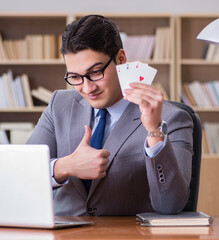 Sticker - Businessman gambling playing cards at work