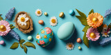 Fototapeta Mapy - colorful easter eggs with flowers on blue background, generative ai