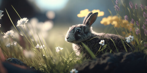 Wall Mural - a cute rabbit in a spring meadow scene, generative ai