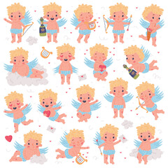 Canvas Print - Cute baby Cupid flying with wings collection. Blond little boy angel character cartoon vector illustration