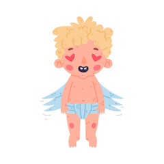 Poster - Cute baby Cupid with heart shaped eyes. Adorable blond little boy angel with wings cartoon vector illustration