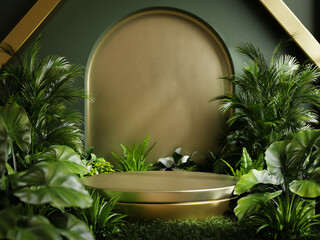 Wall Mural - Gold podium in tropical forest for product presentation.