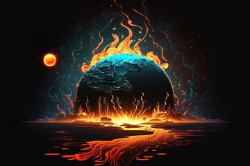 Wall Mural - Image shows a water planet exploding in orange flames on a black background in space. Generative AI