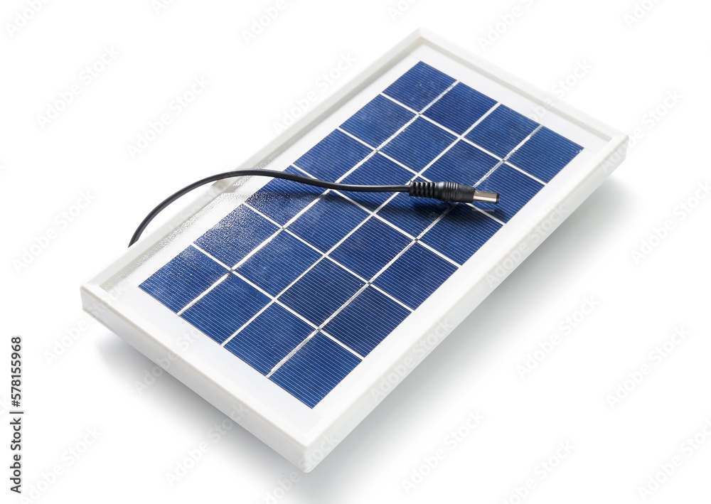 Portable solar panel with cable on white background