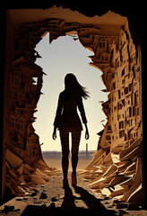 Wall Mural - A girl in the ruins of a war.