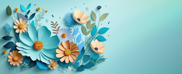 Wall Mural - papercut sky blue and orange colored cosmos flower with copy space, a beautiful cosmos flower with sky blue background and copyspace