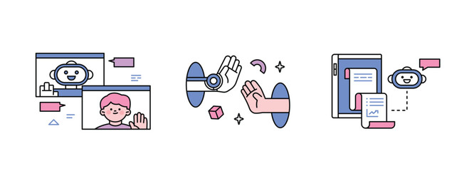 Poster - The Age of AI. Intelligence Meets Technology. Business concept illustration with people and icons. The meeting of the robot hand and Inga's hand. Internet document printing.