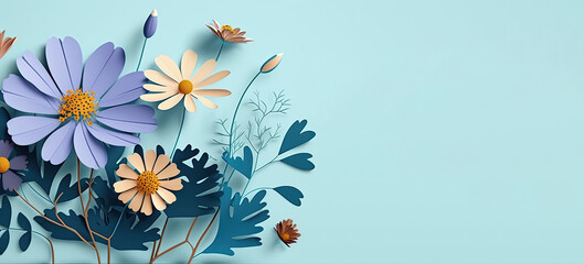 Wall Mural - Cosmos flower on sky blue background copy space, natural concept for wedding, horizontal banner for greetings, floral frame