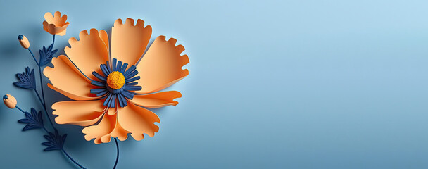 Wall Mural - Orange cosmos flower with skyblue background and copyspace for text massage, 3d render cosmos flower with empty space for text, flower congratulationg background banner