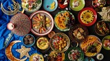 Fototapeta Tęcza - Ramadan halal food. Eid table setting top view. Hummus, Moroccan traditional cuisine. Authentic local homemade traditional meals