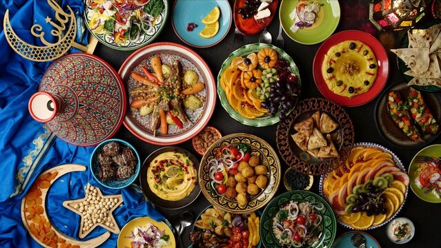 ramadan halal food. eid table setting top view. hummus, moroccan traditional cuisine. authentic loca