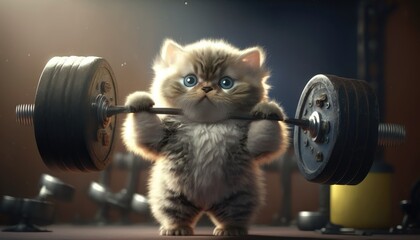 Adorable cat lifting weights. Created with Generative AI.