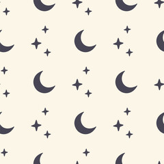 Wall Mural - Vector seamless pattern with moon and stars on beige background. Mystical illusrtation. Print for magical digital paper, fabric, wrapping, baby clothes.