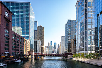 View of Chicago, Illinois and Chicago River with buildings and bridges 