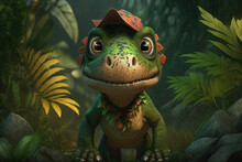 Cute 3d Dinosaur Character In The Jungle, Generative AI