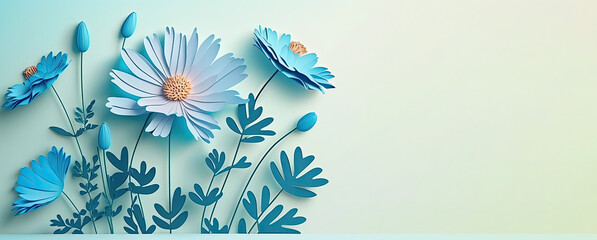 Wall Mural - Papercut blue cosmos flower background, beautiful cosmos flower with copyspace background, horizontal flower banner