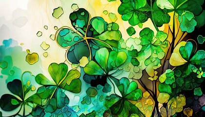 Wall Mural - Saint Patrick's Day Alcohol ink painting with Vibrant color palette: A Beautiful Unique Artistic Designer Wallpaper Background Template for Celebration Presentation, Ad, and all Purposes generative AI