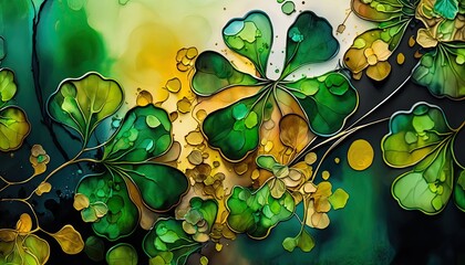 Wall Mural - Saint Patrick's Day Alcohol ink painting with Bold color palette: A Beautiful Unique Artistic Designer Wallpaper Background Template for Celebration Presentation, Ad, and all Purposes generative AI