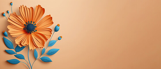 Wall Mural - Papercut blue cosmos flower background, beautiful cosmos flower with copyspace background, horizontal flower banner