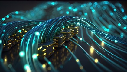 fiber optic cable runs, data connections, connections, luminous elements created with generative ai 