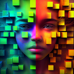Wall Mural - Abstract 3d rendering of a flying cube. Sci fi shape in empty space. Futuristic background. 3d illustration