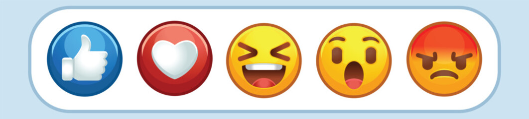 Wall Mural - Emoji reactions. Thumb up Like, Love heart, Haha laughing, Wow surprised emoticon, Sad crying and Angry flushed face cartoon set collection stylized vector icons