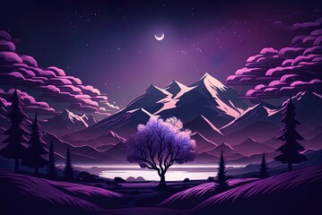 Wall Mural - depiction of a lovely nighttime scene with trees and mountains set against a foggy, purple sky and twinkling stars. Generative AI