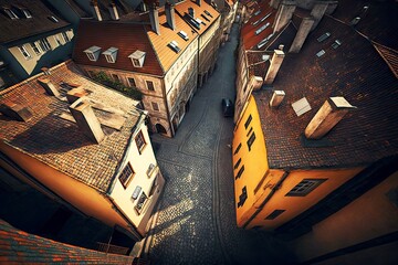 Canvas Print - winding streets of old urban district from above city rooftop view, created with generative ai