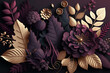© Svetlana Moskaleva - 3d paper flowers and leaves background in dark plum, violet and gold, AI generated, floral botanical wallpaper. Design for greeting card background, beauty products, fashion, template, banner.