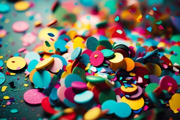 Wall Mural - a close-up of a pile of colorful confetti, with some loose pieces still bouncing, created with generative ai