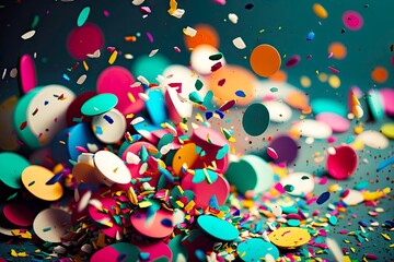 Wall Mural - a close-up of a pile of colorful confetti, with some loose pieces still bouncing, created with generative ai