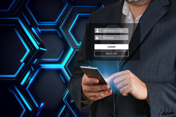 Wall Mural - login landing page concept. man typing login and password. Hand use mobile smartphone for log in to enter login and password. sign in page concept