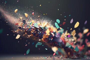 Wall Mural - close-up of a colorful confetti explosion in slow motion, with sparks flying and smoke rising., created with generative ai