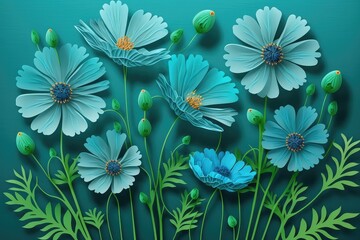 Wall Mural - 3d papercut skyblue colored cosmos flower with green background, 3d render 4k wallpaper