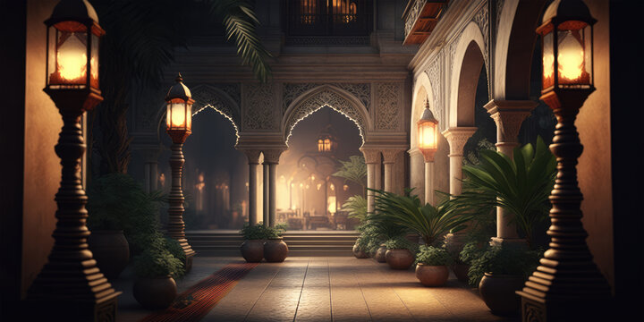 abstract islamic interior with lanterns, arches, doors and plants, blurred background. ramadan lante