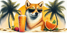 Shiba Inu Wearing Sunglasses On The Beach With A Fruity Drink Sitting Under A Palm Tree
