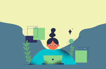 Business woman using laptop lifestyles with internet technology people in flat art character design illustration