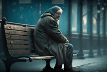 A Very Depressed Man Who Lost His Home, Or His Job, Or His Wife, Partner Or Girlfriend, Sitting  Alone On A Becnh In A Cold Day In A Coat, Being Gloomy And Teary. Illustration Of Depression And Loss. 