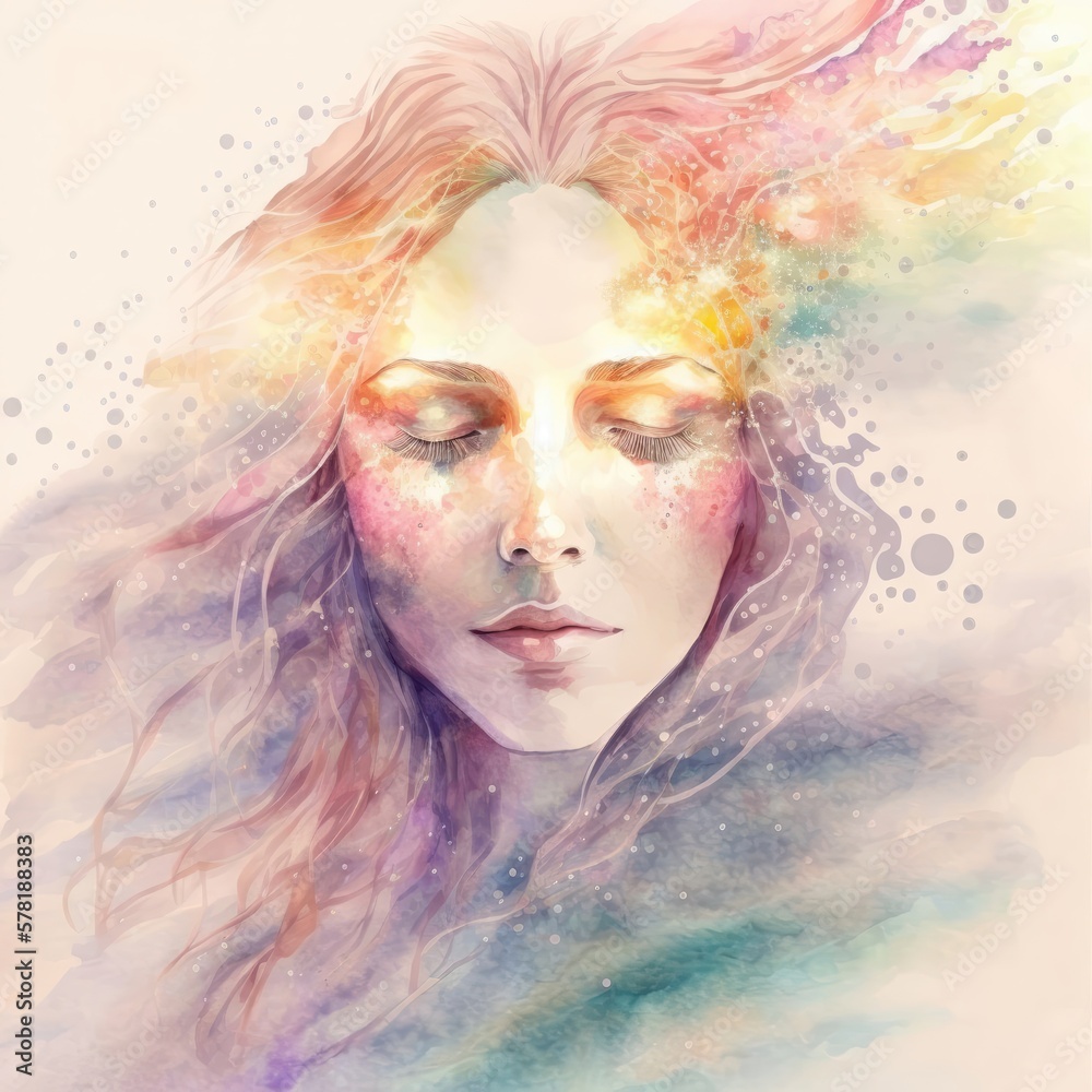 rainbow watercolor of a peaceful woman's face with her eyes closed ...