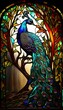 Artistic Beautiful Desginer Handcrafted Stained Glass Artwork of a Peacock Animal in Art Nouveau Style with Vibrant and Bright Colors, Illuminated from Behind (generative AI)