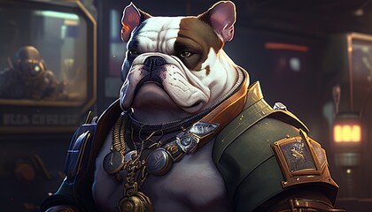 Wall Mural - tough bulldog military leader digital art illustration, Generative AI