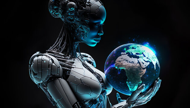 Robot ai artificial intelligence with earth,world technology security system and business industry concepts.machine learning.ai generated images