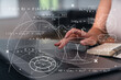 © VideoFlow - Woman typing on laptop at office workplace in background. Concept of working process, internet surfing, online business education. Student send e-mail. Close up view. Formula math icons