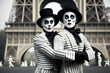Two black and white french mimes being playful and funny in Paris, France near the Eiffel Tower, dancing and making funny faces