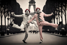 Two Black And White French Mimes Being Playful And Funny In Paris, France Near The Eiffel Tower, Dancing And Making Funny Faces