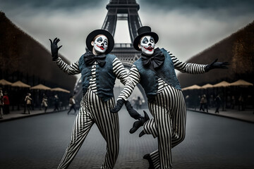 Two black and white french mimes being playful and funny in Paris, France near the Eiffel Tower, dancing and making funny faces