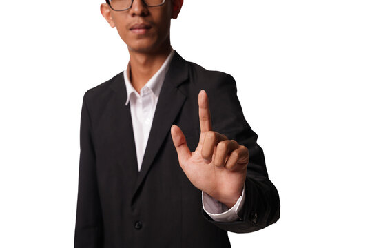 Fototapete - Happy businessman in pointing finger away over white background
