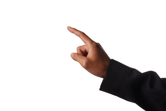 Fototapete - Happy businessman in pointing finger away over white background
