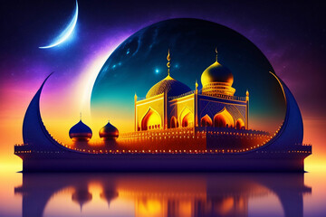 illustration of amazing architecture design of muslim mosque ramadan concept.AI.