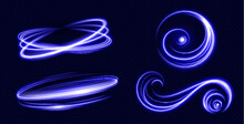 Set Of Neon Blue Abstract Swirls Isolated On Transparent Background. Vector Realistic Illustration Of Circle And Light Speed Effect, Magic Energy Motion Trail, Bright Luminous Trace, Spiral Vortex